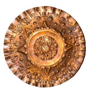 Vintage Mexican Copper Hand Hammered Aztec Mayan Calendar 6.5” Plate